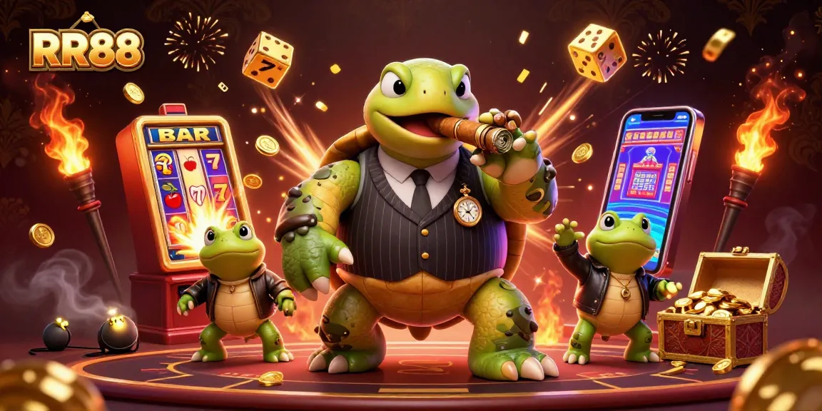 Experience the excitement of RR88 with a stunning 3D casino scene featuring a snapping turtle and bullfrog enforcers.