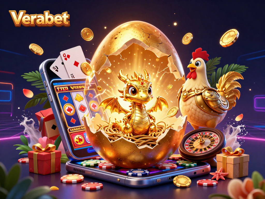 Engage with Verabet's thrilling gaming experience featuring a golden dragon and poker chips amidst dynamic casino elements.
