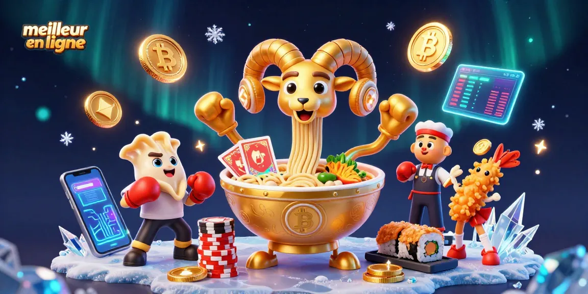 Bettez aux jeux avec le meilleur casino en ligne, illustré par des personnages culinaires dynamiques et des éléments de crypto-monnaie.