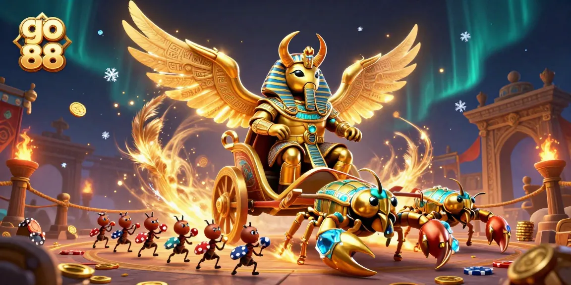 Engage with go 88 in an energetic casino scene featuring a golden scarab beetle and poker chip-carrying ants.